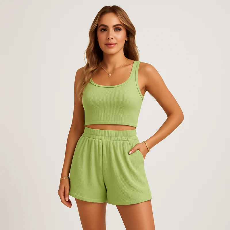 Geripptes Camisole- und Shorts-Set für Damen – Lässiges 2-teiliges Lounge-Outfit