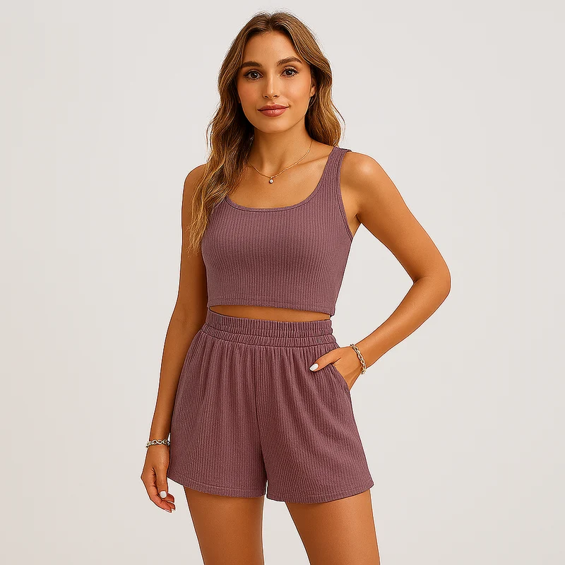 Geripptes Camisole- und Shorts-Set für Damen – Lässiges 2-teiliges Lounge-Outfit
