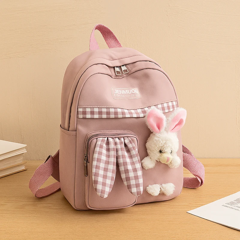 Niedlicher Cartoon-Mini-Rucksack für Mädchen – Faltbare, leichte Reisetasche mit rosa Häschen- und blauem Panda-Design