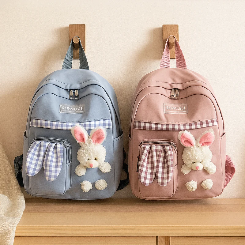 Niedlicher Cartoon-Mini-Rucksack für Mädchen – Faltbare, leichte Reisetasche mit rosa Häschen- und blauem Panda-Design