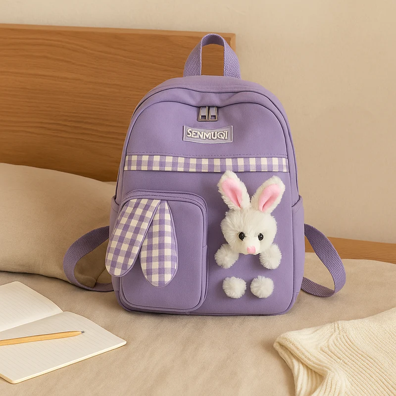 Niedlicher Cartoon-Mini-Rucksack für Mädchen – Faltbare, leichte Reisetasche mit rosa Häschen- und blauem Panda-Design