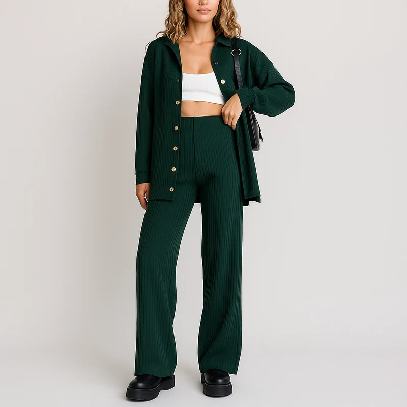 Zweiteiliges Rippstrick-Set – Hemdjacke mit Knöpfen & Hose mit weitem Bein