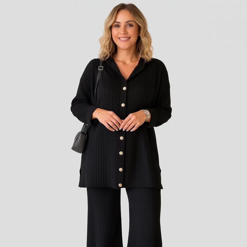Zweiteiliges Rippstrick-Set – Hemdjacke mit Knöpfen & Hose mit weitem Bein