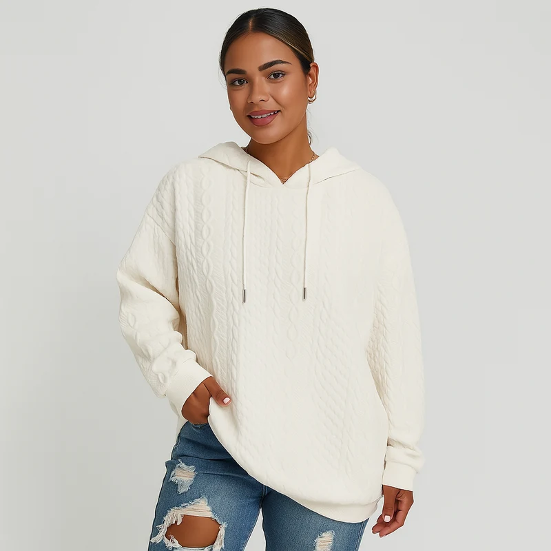 Damen Kapuzenpullover in großen Größen – Unifarbener Rippstrick mit Kordelzug & Stretch
