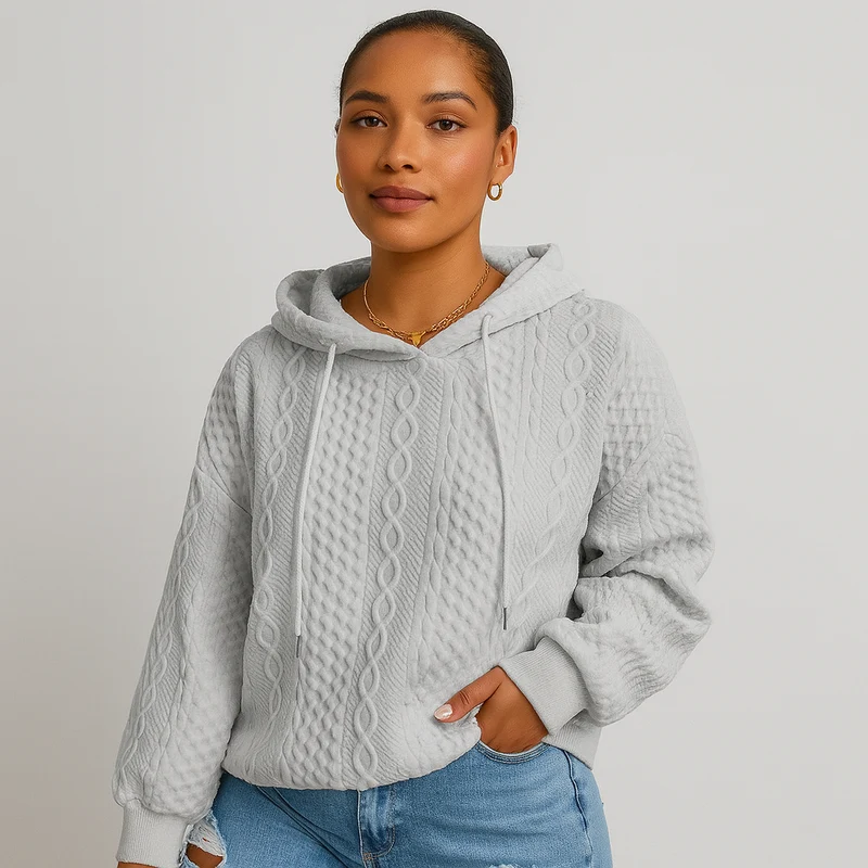 Damen Kapuzenpullover in großen Größen – Unifarbener Rippstrick mit Kordelzug & Stretch