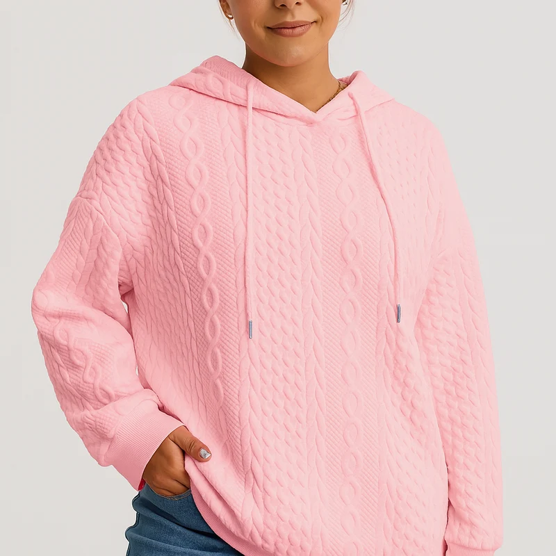Damen Kapuzenpullover in großen Größen – Unifarbener Rippstrick mit Kordelzug & Stretch