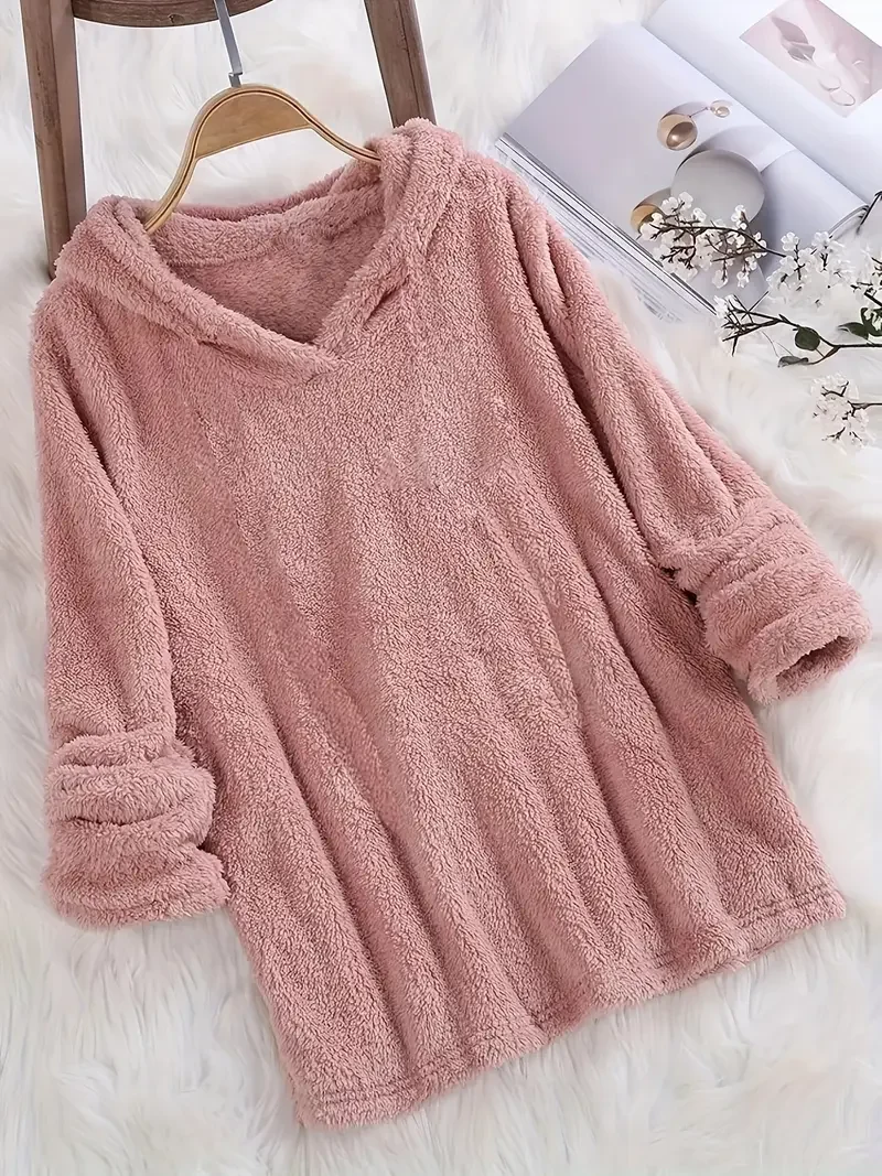 Fleece-Kapuzenpullover – Unifarbenes Damen Sweatshirt mit langen Ärmeln