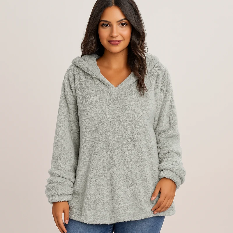 Fleece-Kapuzenpullover – Unifarbenes Damen Sweatshirt mit langen Ärmeln