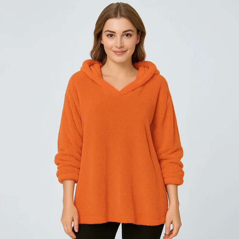 Fleece-Kapuzenpullover – Unifarbenes Damen Sweatshirt mit langen Ärmeln