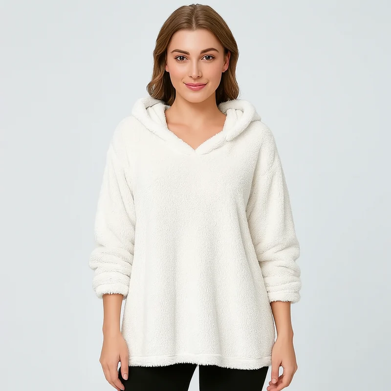 Fleece-Kapuzenpullover – Unifarbenes Damen Sweatshirt mit langen Ärmeln