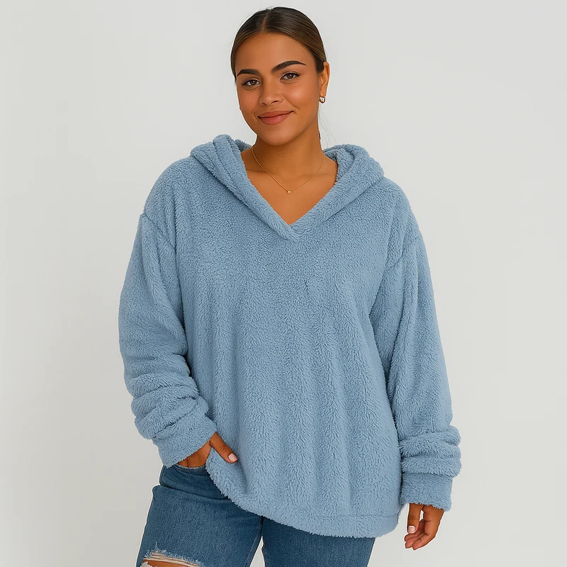Fleece-Kapuzenpullover – Unifarbenes Damen Sweatshirt mit langen Ärmeln