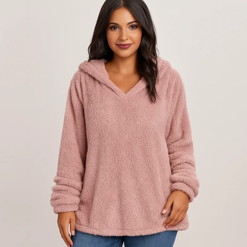 Fleece-Kapuzenpullover – Unifarbenes Damen Sweatshirt mit langen Ärmeln