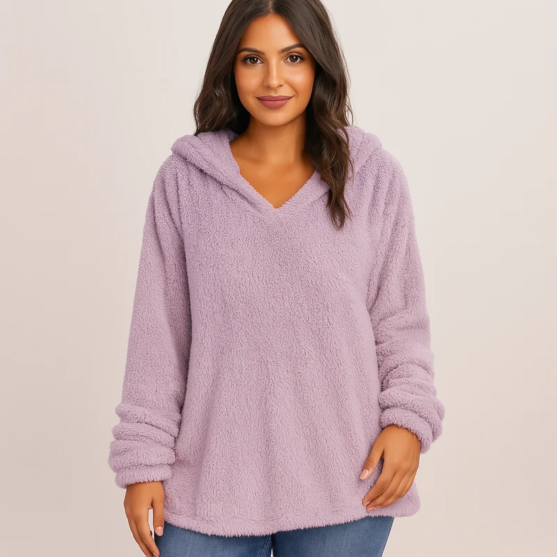 Fleece-Kapuzenpullover – Unifarbenes Damen Sweatshirt mit langen Ärmeln