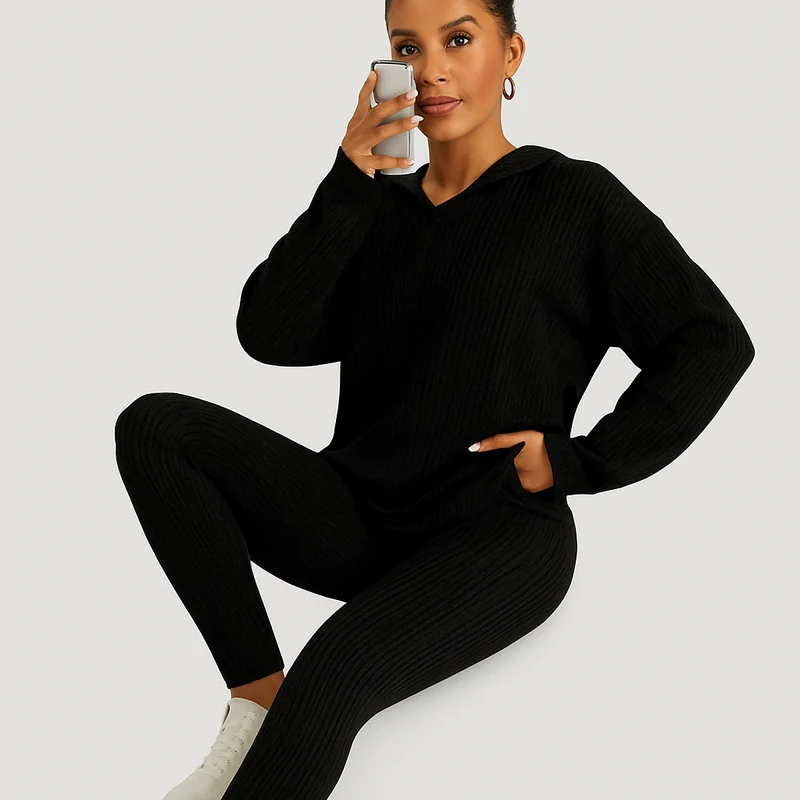 Damen Zweiteiler aus Rippstrick – Kapuzenpullover mit langen Ärmeln & Skinny Hose – Lässiges Freizeit-Outfit