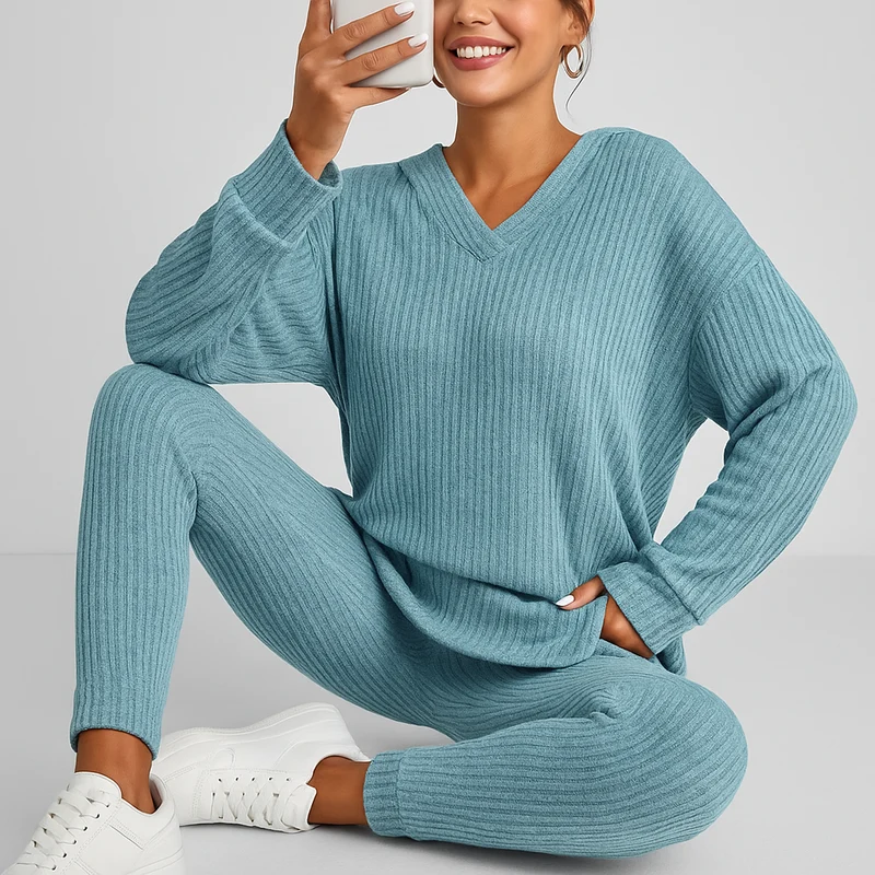 Damen Zweiteiler aus Rippstrick – Kapuzenpullover mit langen Ärmeln & Skinny Hose – Lässiges Freizeit-Outfit
