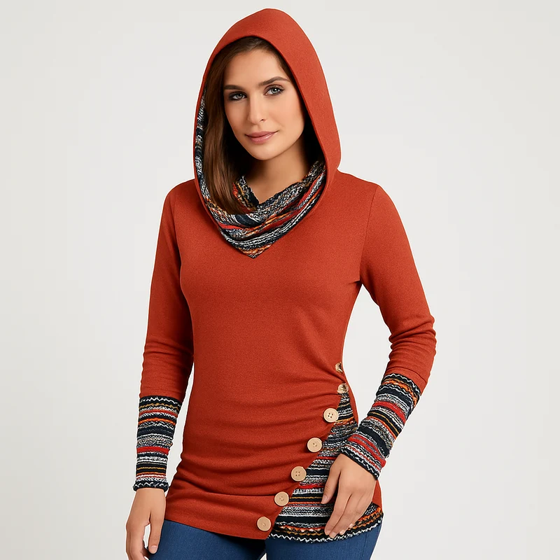 Damen Kapuzenpullover mit Ethno-Streifen – Langarm Hoodie im Patchwork-Stil
