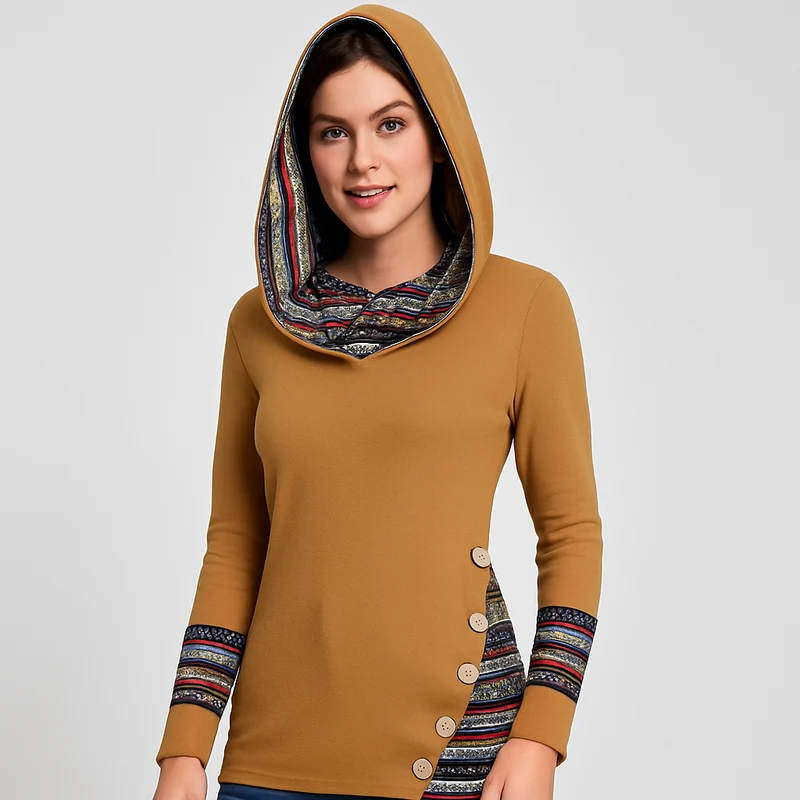 Damen Kapuzenpullover mit Ethno-Streifen – Langarm Hoodie im Patchwork-Stil