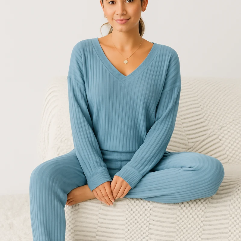 Damen Lounge-Set aus Rippstrick – Unifarbenes V-Ausschnitt-Top & Jogginghose mit Gummibund