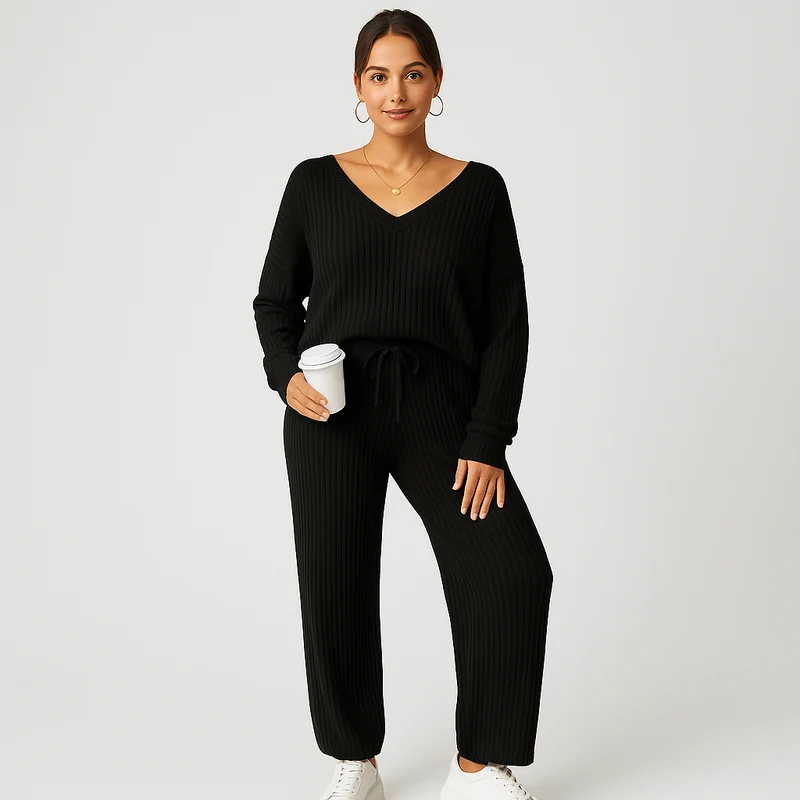 Damen Lounge-Set aus Rippstrick – Unifarbenes V-Ausschnitt-Top & Jogginghose mit Gummibund