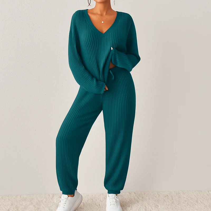 Damen Lounge-Set aus Rippstrick – Unifarbenes V-Ausschnitt-Top & Jogginghose mit Gummibund