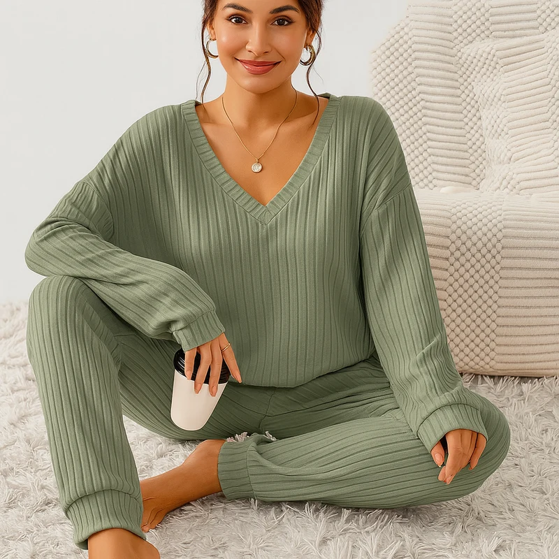 Damen Lounge-Set aus Rippstrick – Unifarbenes V-Ausschnitt-Top & Jogginghose mit Gummibund