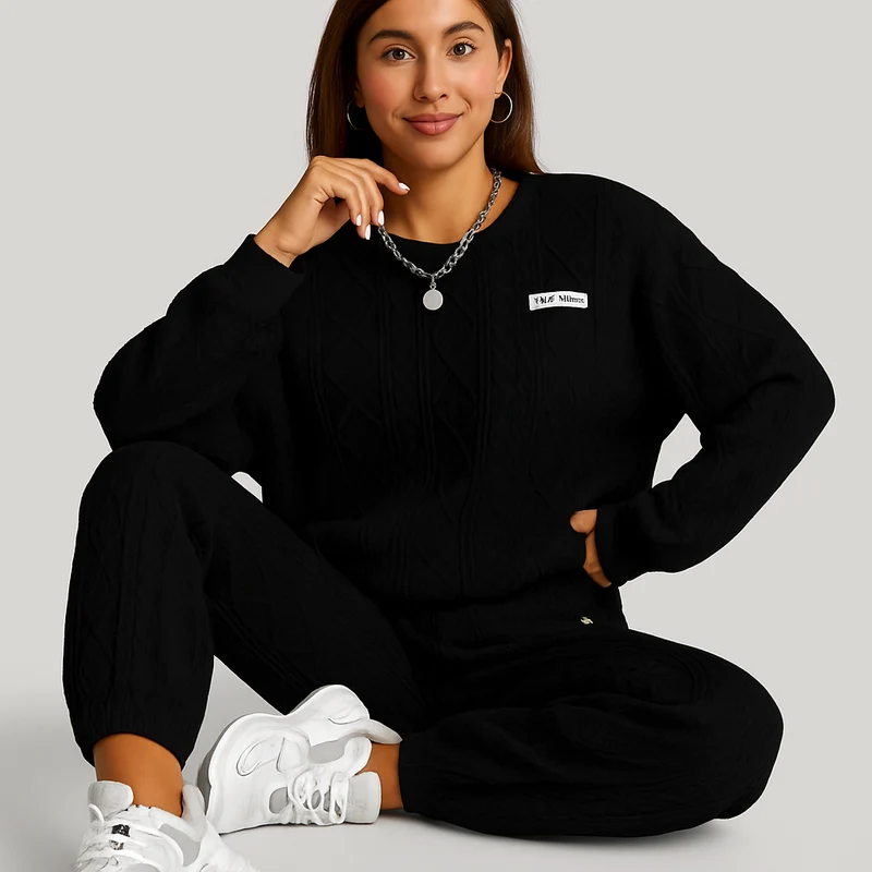 Damen Zweiteiler aus Strukturstoff – Langarm-Sweatshirt & Jogginghose – Lässig & Bequem