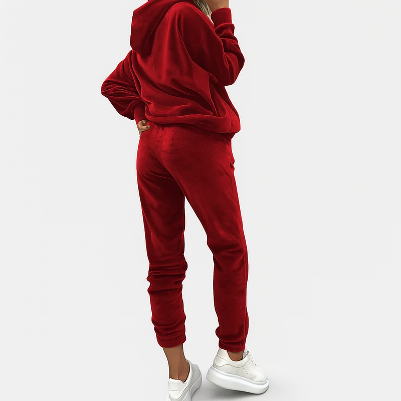 Damen Freizeitanzug 2-teilig – Unifarbener Kapuzenpullover mit Kängurutasche & schmal geschnittene Jogginghose