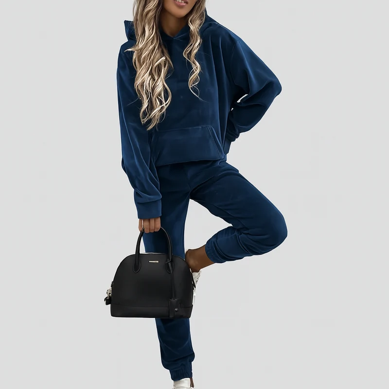 Damen Freizeitanzug 2-teilig – Unifarbener Kapuzenpullover mit Kängurutasche & schmal geschnittene Jogginghose