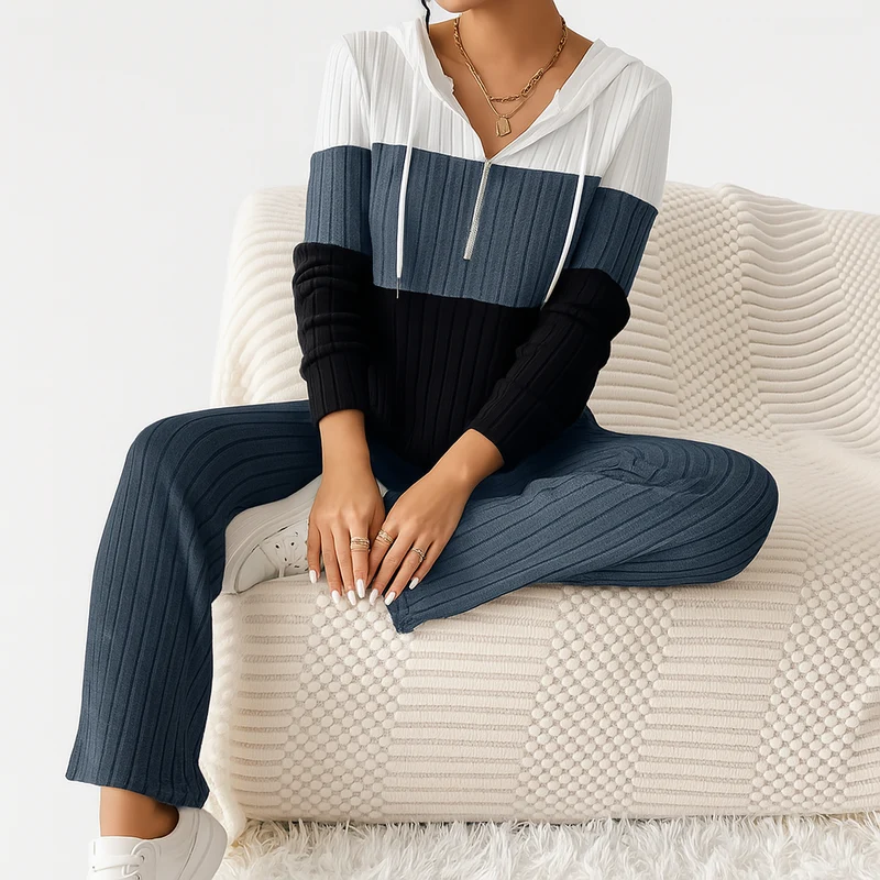 Damen Zweiteiler mit Reißverschluss – Gestreiftes Top & High-Waist Hose mit weitem Bein
