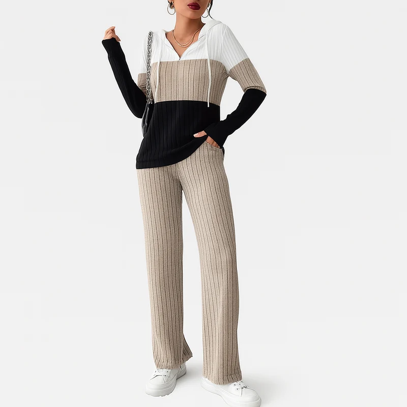 Damen Zweiteiler mit Reißverschluss – Gestreiftes Top & High-Waist Hose mit weitem Bein