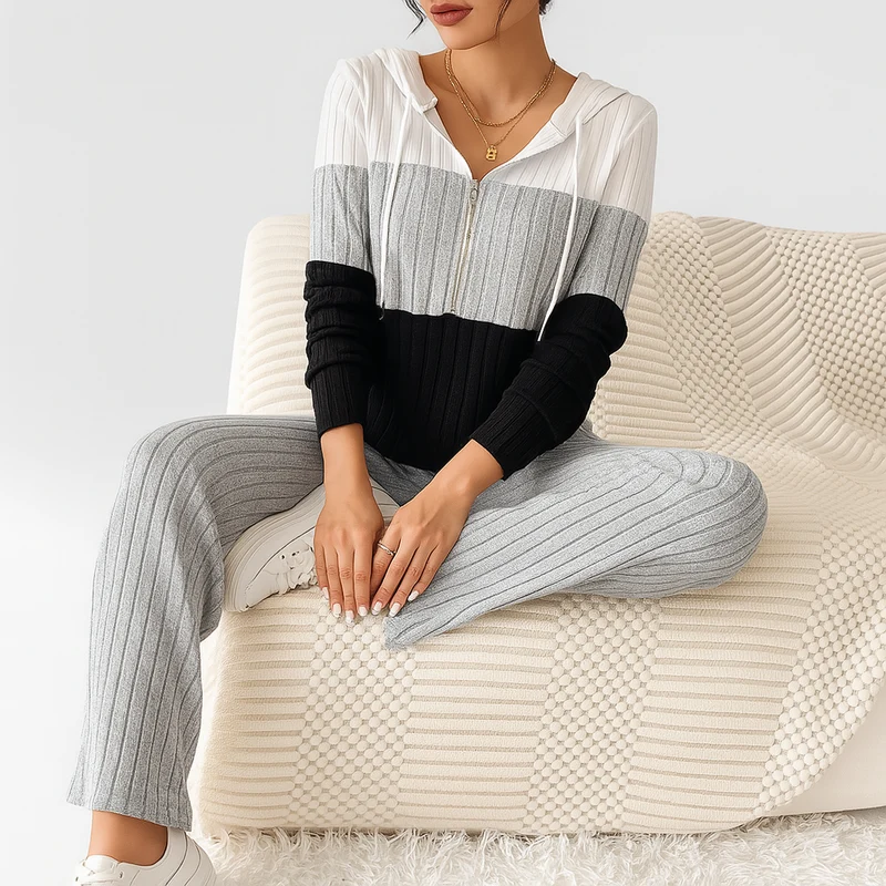 Damen Zweiteiler mit Reißverschluss – Gestreiftes Top & High-Waist Hose mit weitem Bein