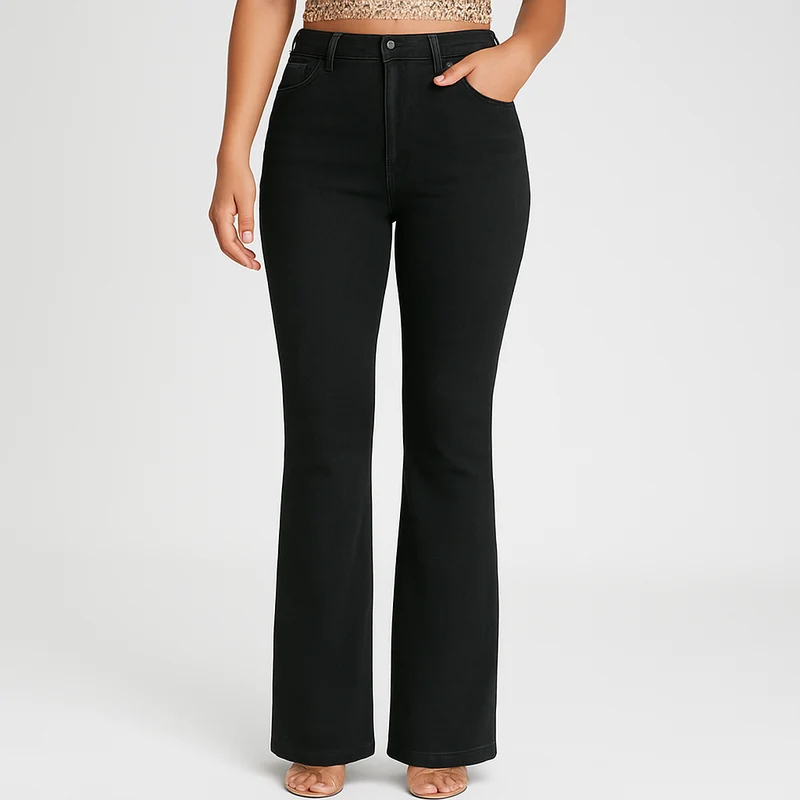 Bella – Elegante schwarze Schlagjeans für Damen – Hochelastisch mit hohem Bund