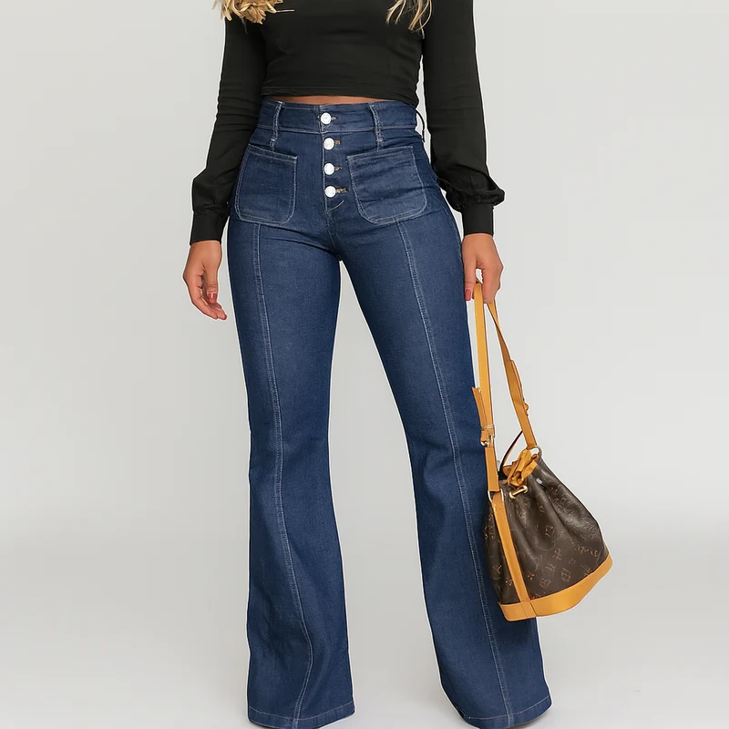 Merta – Damen Stretch Schlagjeans – Knopfverschluss & All-Season Passform