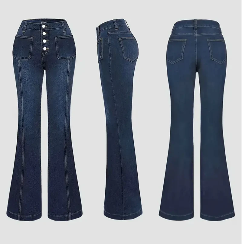 Merta – Damen Stretch Schlagjeans – Knopfverschluss & All-Season Passform