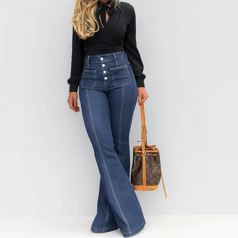Merta – Damen Stretch Schlagjeans – Knopfverschluss & All-Season Passform
