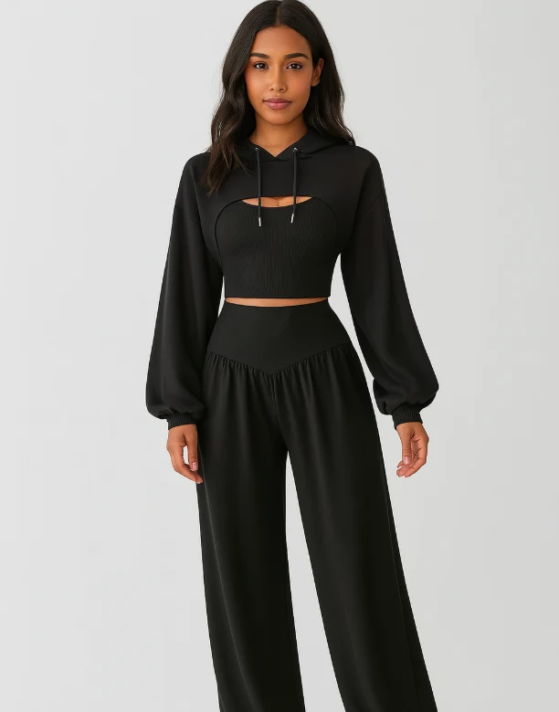 Damen 3-teiliges Set – Kapuzenpullover, Tanktop mit Knoten & High-Waist-Yogahose