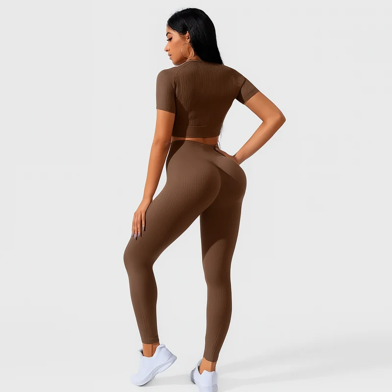 Damen Sportset 2-teilig – Kurzarm Top & High Waist Leggings für Yoga & Pilates