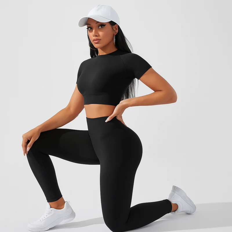 Damen Sportset 2-teilig – Kurzarm Top & High Waist Leggings für Yoga & Pilates