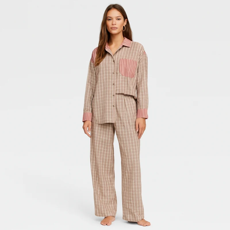 Marcelline | Set aus kariertem Langarmhemd und Hose mit weitem Bein