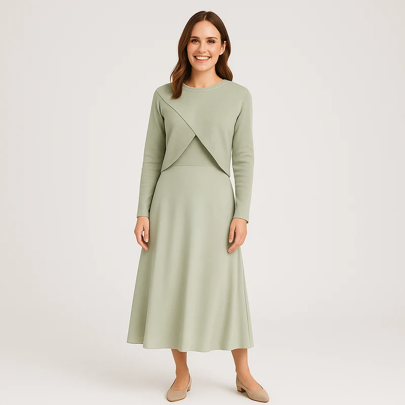 Elegantes Satinkleid - Stricktop-Kombinationsset