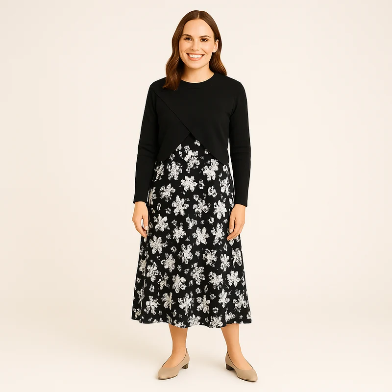 Elegantes Satinkleid - Stricktop-Kombinationsset