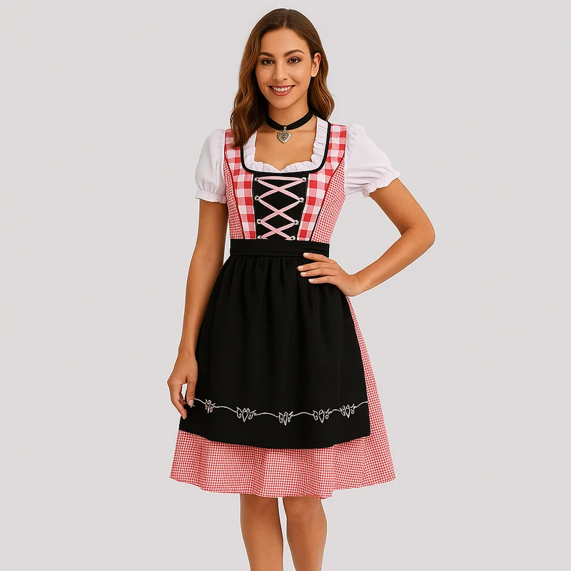 Bayerisches Dirndl Kleid – Rotes Karomuster im Biermädchen-Stil für Oktoberfest