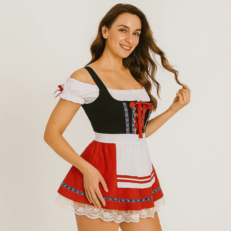 Oktoberfest Dirndl Damen – Elegantes Schwarz-Rotes Kleid mit Spitze & Rüschen