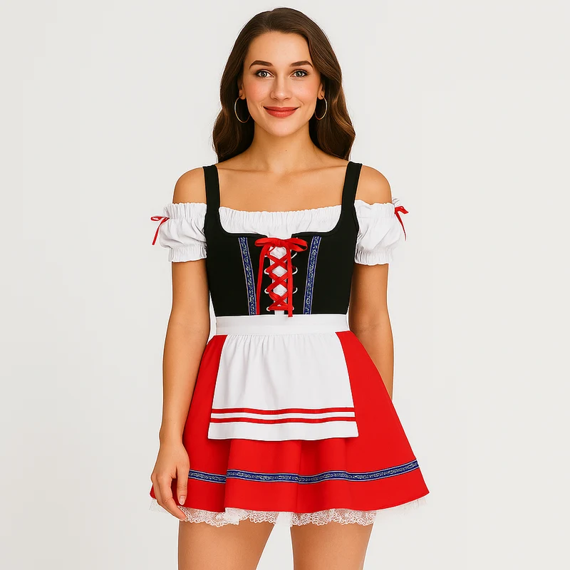 Oktoberfest Dirndl Damen – Elegantes Schwarz-Rotes Kleid mit Spitze & Rüschen