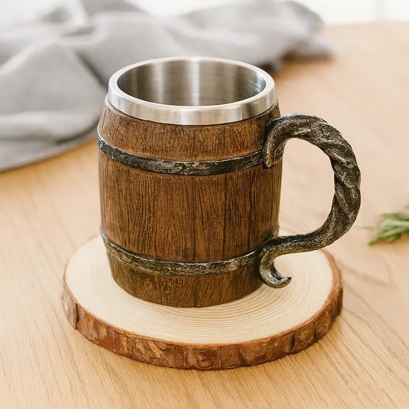 Handgemachter Holzfass-Bierkrug – Edelstahl & Wasserdicht, Ideal für Oktoberfest