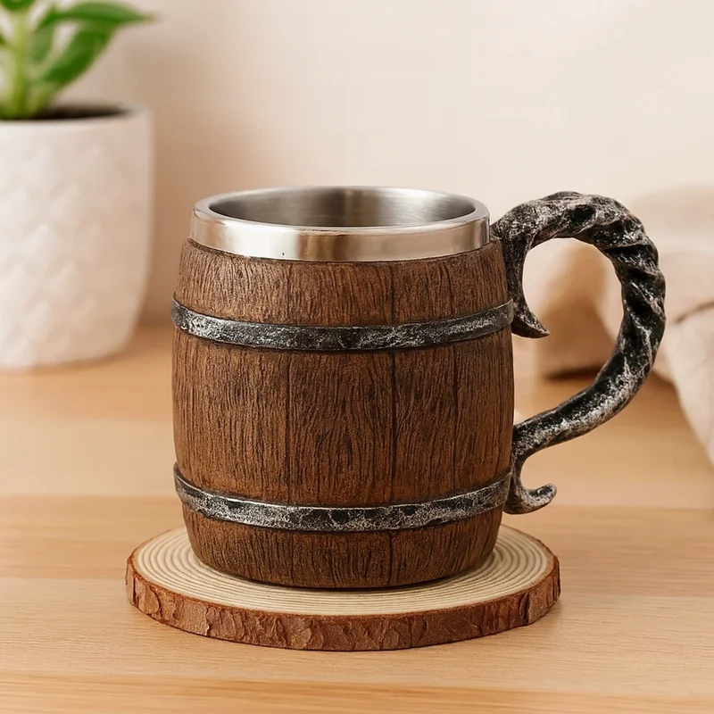 Handgemachter Holzfass-Bierkrug – Edelstahl & Wasserdicht, Ideal für Oktoberfest