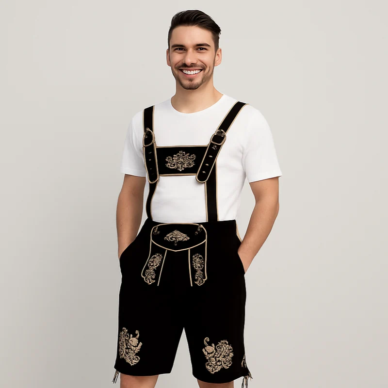 Oktoberfest Lederhose Herren – Bestickte Kurzhose in Braun mit Hosenträgern