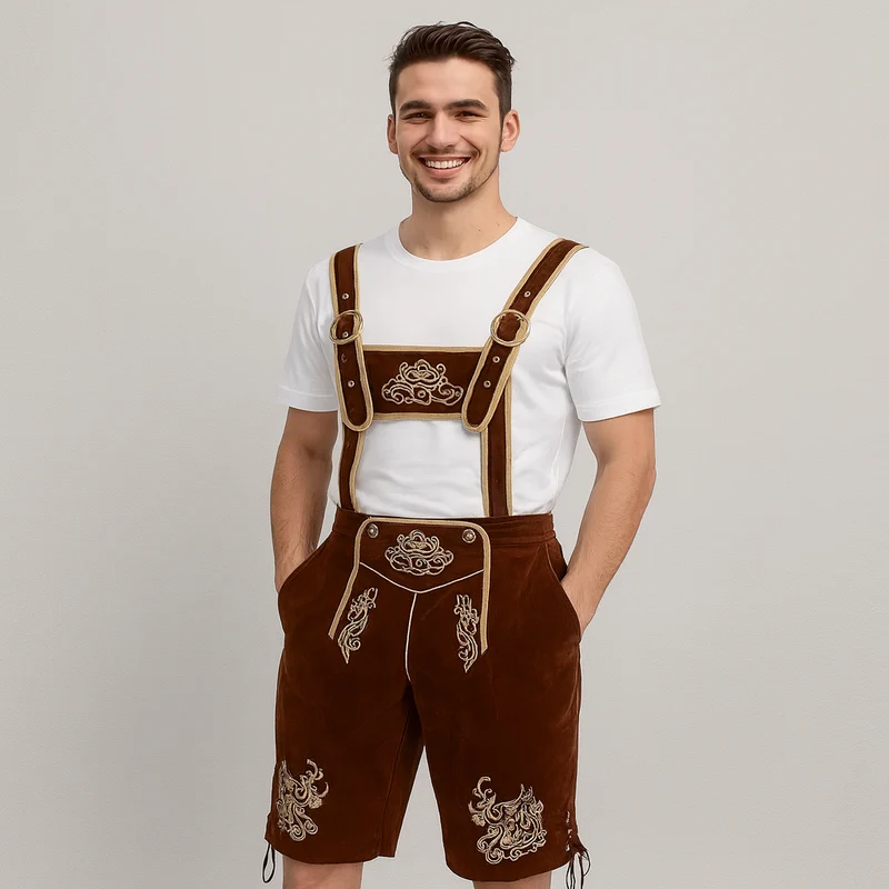 Oktoberfest Lederhose Herren – Bestickte Kurzhose in Braun mit Hosenträgern