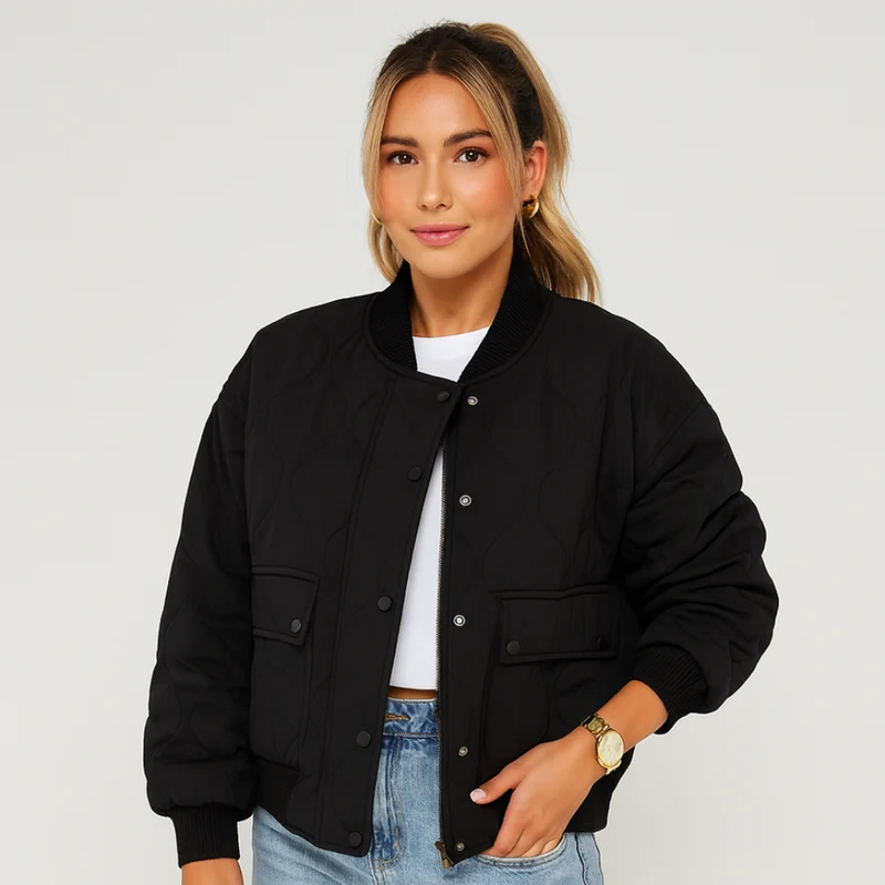 Kurze Bomberjacke Karina – Gerippte Säume und seitliche Taschen für Damen