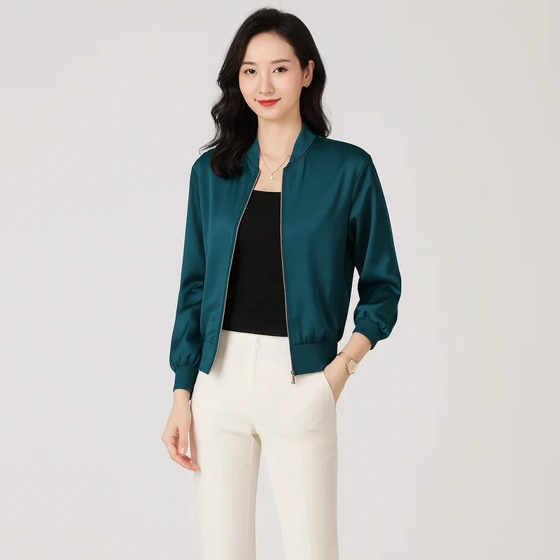 Fliegerblouson aus Satin für Damen – lockere Passform, Reißverschluss, Allwetterstil